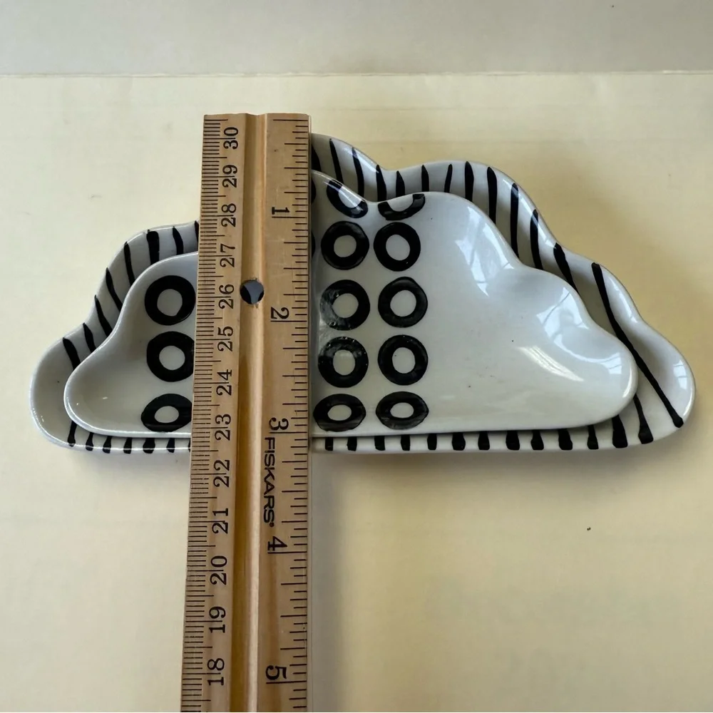 2 West Elm Cloud Ceramic Trinket Dishes in Black & White Geometric Designs.